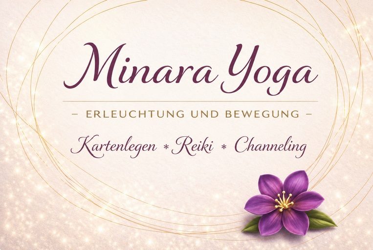 Minara Yoga Logo von Minara Yoga mit einer lila Blume und dem Slogan „Erleuchtung und Bewegung“.